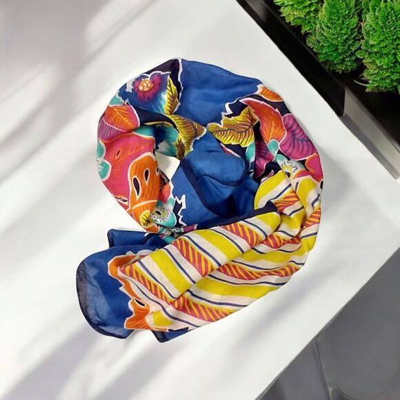 Vtg Saldarini Italy Tropical Floral Square Cotton Scarf | Blue Multicolor 29x30” - Picture 1 of 9